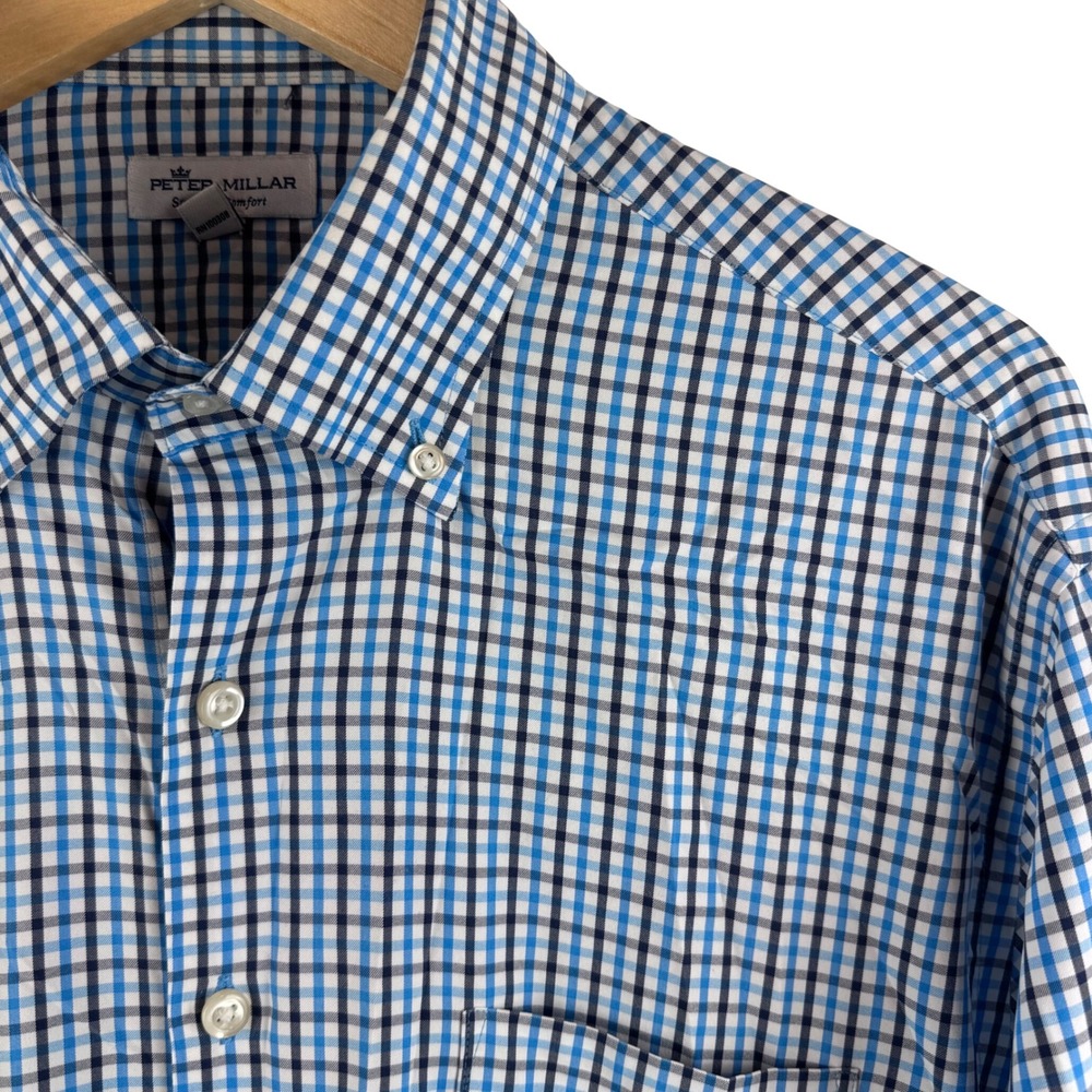 Peter Millar Shirt Mens Large Blue Tattersall Summer Comfort MS20EW20BL Stretch